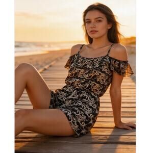 Hype Womens Small Black Tan Floral Romper Boho Flowy 100% Viscose